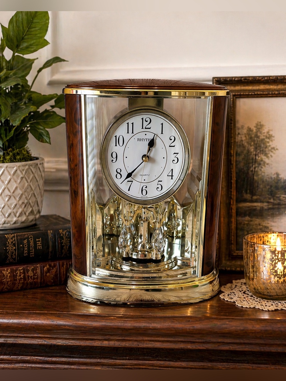 Rhythm Quartz Mantel Clock Rotating Crystal Anniversary Style Wood Gold Tones